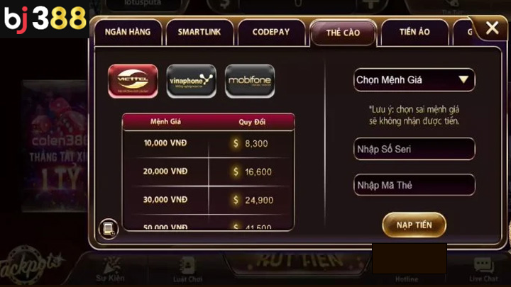 Nạp tiền qua ví điện tử Nạp tiền BJ388